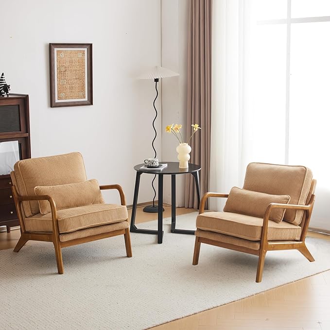 Karl home Mid-Century Modern Accent Chair Living Room Chairs with Pillow Upholstered Lounge Armchair with Solid Wood Frame &amp Soft Cushion for Bedroom Reading Room Corduroy Khaki (Low Back)