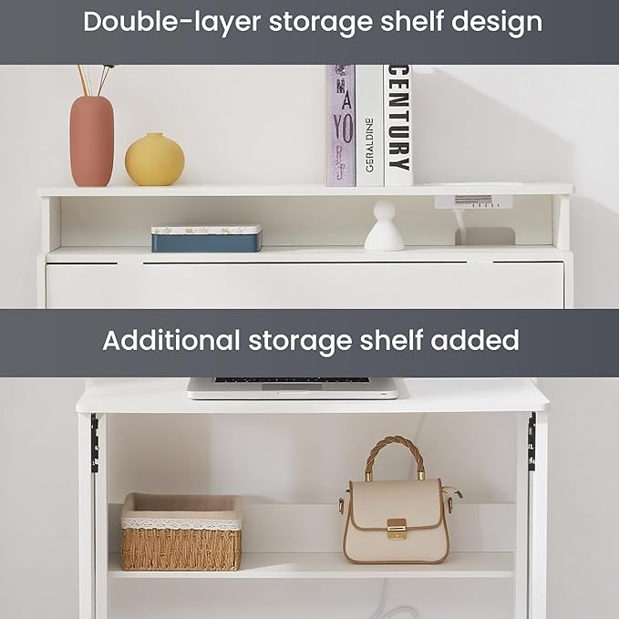 Fold Out Desk with Power Outlets Small Foldable Table with Storage ShelfSpace-Saving Hidden Desk for Bedroom Living Room &amp Office (White)