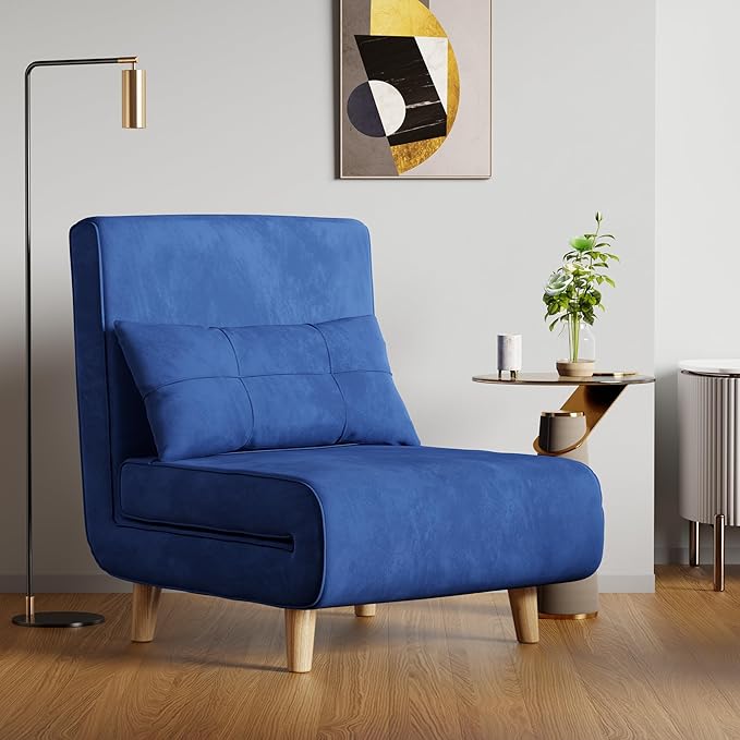 Aiho 3 in 1 Sleeper Chair Convertible Futon Chair Bed Velvet Sofa Bed with Adjustable Backrest Living Room Chair for Apartment/Bedroom/Guest Room Blue