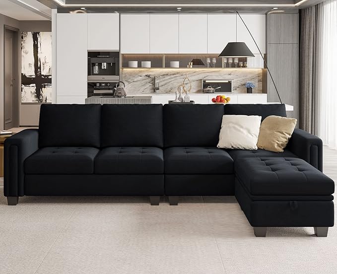 Belffin Velvet Reversible Sectional Sofa with Chaise Convertible L Shaped 4-seat Sectional Couch with Storage Ottoman Black