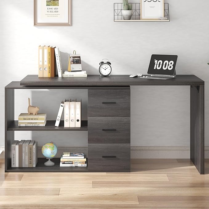 HSH L Shaped Computer Desk with Drawers L Shaped Desk with Storage Cabinet Shelves Large Reversible Corner Executive Home Office Desk Industrial Wood Work Writing Study Table WorkstationGray 60 In