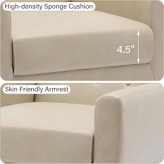 Accent Chair Mid-Century Modern PU Leather Chairs with Arms for Living Room Comfy Upholstered Club Single Sofa Armchair for Bedroom Waiting Room with Solid Wood Frame（Leather Cream Set of 2