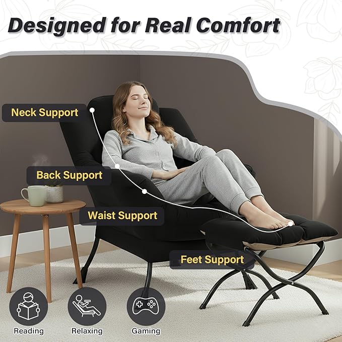 Lazy Chair and Ottoman Black Velvet Large Accent Chair with a Side Pocket Modern Leisure Upholstered Sofa Reading Armchair with Footrest for Office Bedroom Living Room Dorm Rooms Balcony