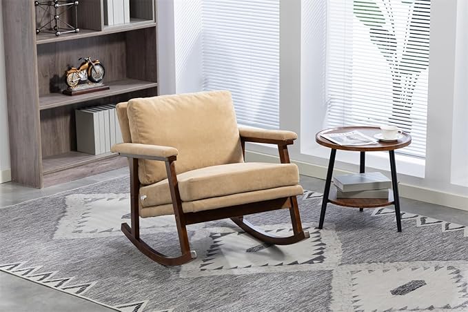 ZeHuoGe Mid Century Modern Accent Chair Rocking Chair with Wood Frame Upholstered Living Room Chairs Reading Armchair for Bedroom Sunroom (Khaki)
