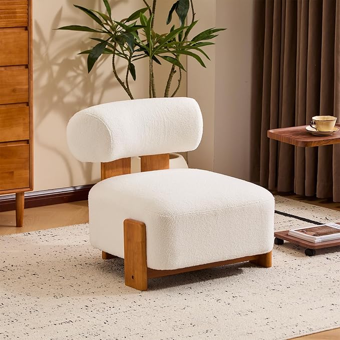 Modern Sherpa Accent Chair Upholstered Armless Slipper Chair Cute Furry Chairs with Curved Backrest and Solid Wooden Legs Side Chairs for Living Room Bedroom Reading Room (Boucle Beige)