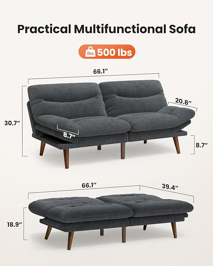 Amada 66 Convertible Futon Sofa Bed Corduroy Folding Futon Set with Adjustable Backrest &ampArmrests Recliner Lounge for Living Room Apartment or Office Solid Wood Frame Loveseat Sofa - Grey |