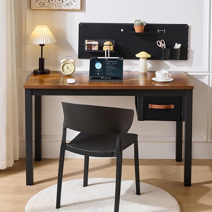 Computer Desk with Drawer 47 Inch Home Office Work Desks Modern Writing Study PC Desk Gaming Table for Small Place Bedroom Thickened Tabletop and Stable Metal Frame Leg（Rustic Brown）