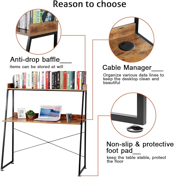 DESIGNA 48 Inch Ladder Desk with Storage Shelves 2-Tier Home Office Students Study Writing PC Computer Gaming Table with Bookshelf Modern Workstation for Small Space Saving Metal Frame Rustic Brown