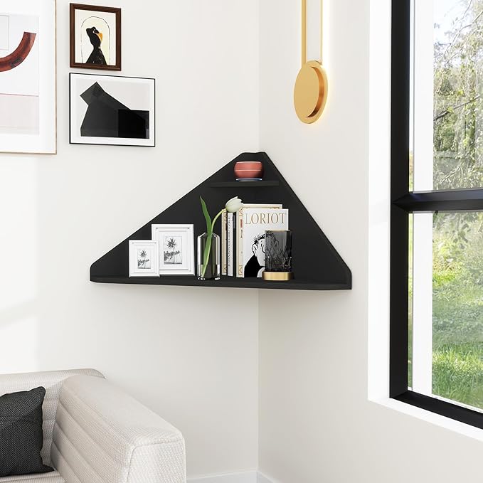 GOFLAME Floating Corner Desk Wall Mounted Triangular Computer Desk w/Storage Shelf Space-Saving Design 90° Wooden Floating Home Office Desk for Writing Working Studying (Black)