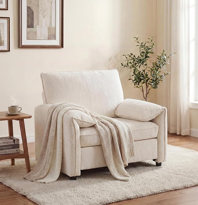 Oversized Accent Chair Modern Armchair for Living Room Wide Reading Chair w/Deep Seat Springs Cushion Chenille Armchair w/Pillow Arm Single Sofa Chair for Bedroom Apartment Office Beige