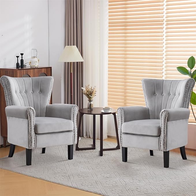 Velvet Accent Chair Single Modern Armchair with Riveted Decorative Mid-Century High Wingback Reading Chair Sturdy Sofa Living Room ChairsGrey