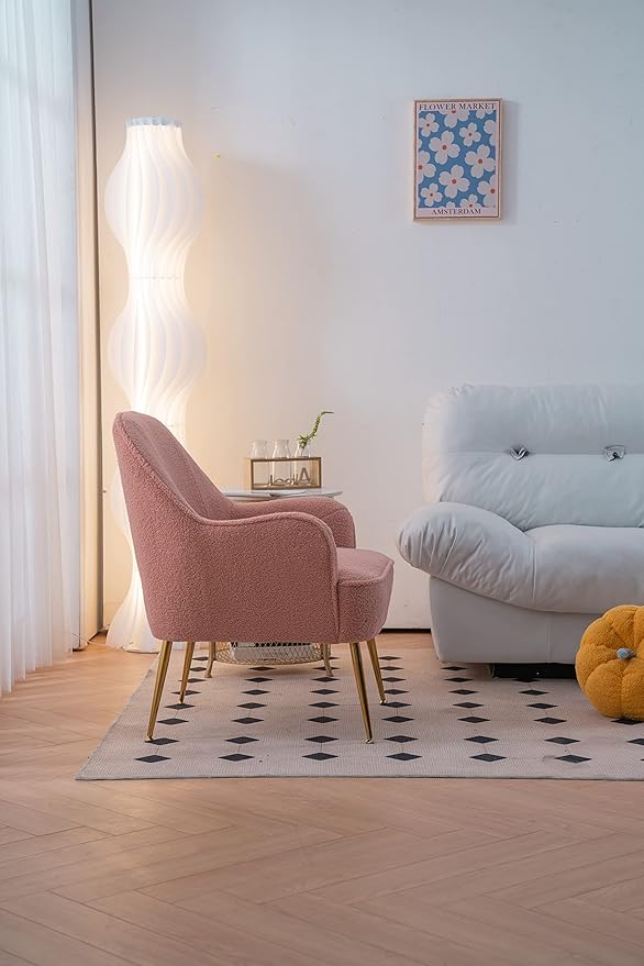 Modern Soft Fabric Pink Ergonomics Accent Chair Living Room Chair Bedroom Chair Home Chair with Gold Legs and Adjustable Legs for Indoor Home