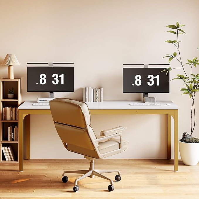 LITTLE TREE 78.7-Inch Ultra Long Two-Person Desk Writing Gaming Work Computer Double Desk for Home Office White + Gold