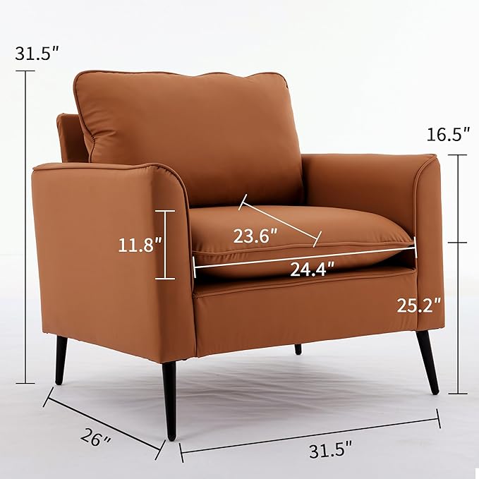 YISHENG Mid-Century Modern Living Room Accent Chairs Set of 2 - Oversized Faux Leather Armchairs with Removable Cushions &amp Metal Legs Comfortable Sofas for Office/Lounge/Bedroom/Reception（Brown）