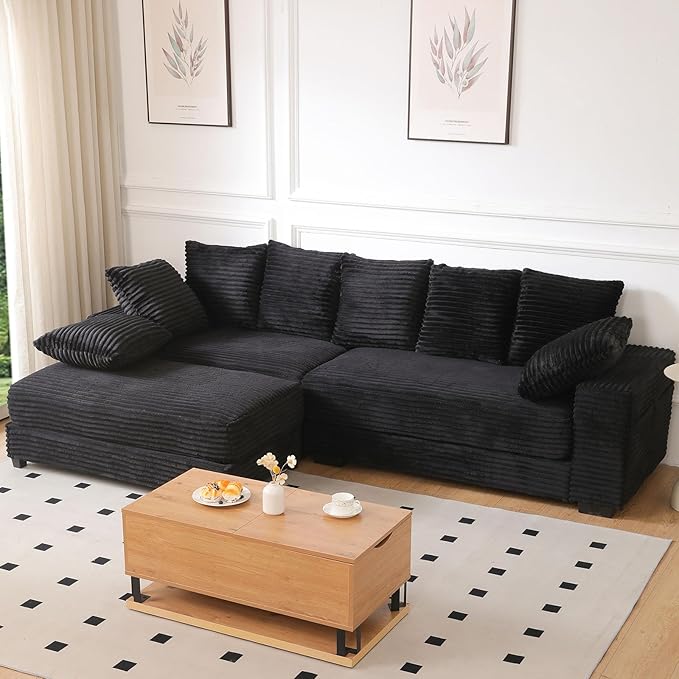 Sectional Sofa with Storage Ottoman Modern Cloud Couch with Deep Seat Modular Sectional Couches for Living Room Apartment Office Black