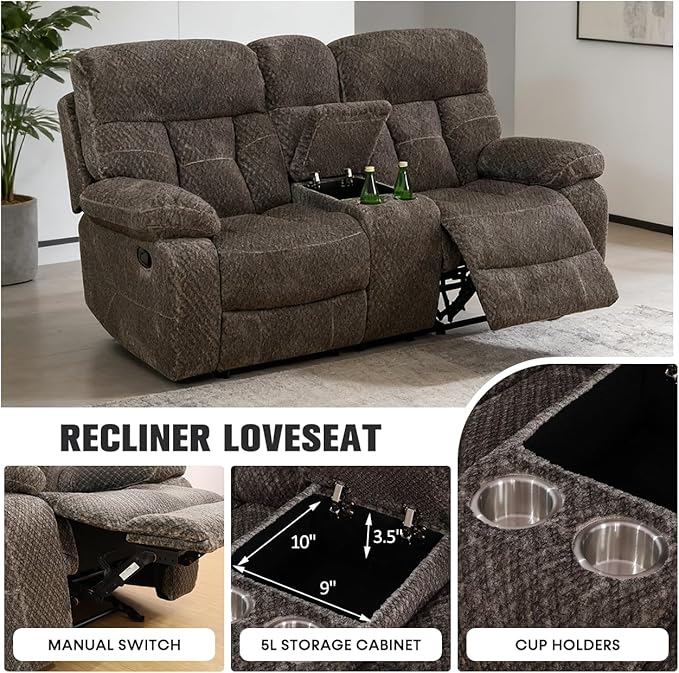 Manual Recliner SofaFlanne Reclining Living Room Furniture SetDouble Recliner Loveseat with Storage ConsoleSingle Reclining Chair for House/Office/Loft/RV/Apartment(Brown Flanne2+1)
