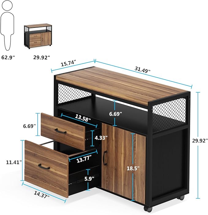 Tribesigns Modern File Cabinet with Drawers for Letter-Size Lockable lateral Filing Cabinet Printer Stand with Door&amp Caster for Home Office.Desk Not Included