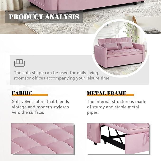 54 Convertible Sofa Bed Velvet Sleeper Sofa with Pull-Out Bed 3-in-1 Futon Couch with Reclining Backrest and Side Pocket Modern Loveseat for Living Room (Pink)