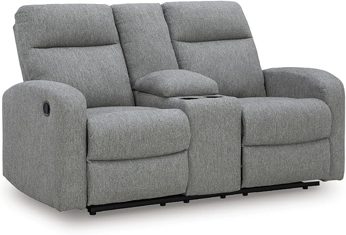 Signature Design by Ashley Carrigan Lane Classic Manual Pull Tab Dual Sided Reclining Loveseat with Console and Storage Gray