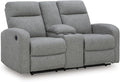 Signature Design by Ashley Carrigan Lane Classic Manual Pull Tab Dual Sided Reclining Loveseat with Console and Storage Gray
