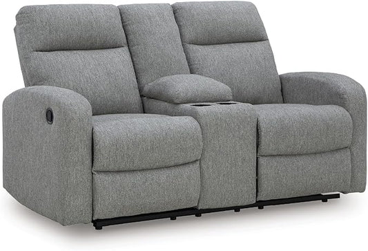 Signature Design by Ashley Carrigan Lane Classic Manual Pull Tab Dual Sided Reclining Loveseat with Console and Storage Gray