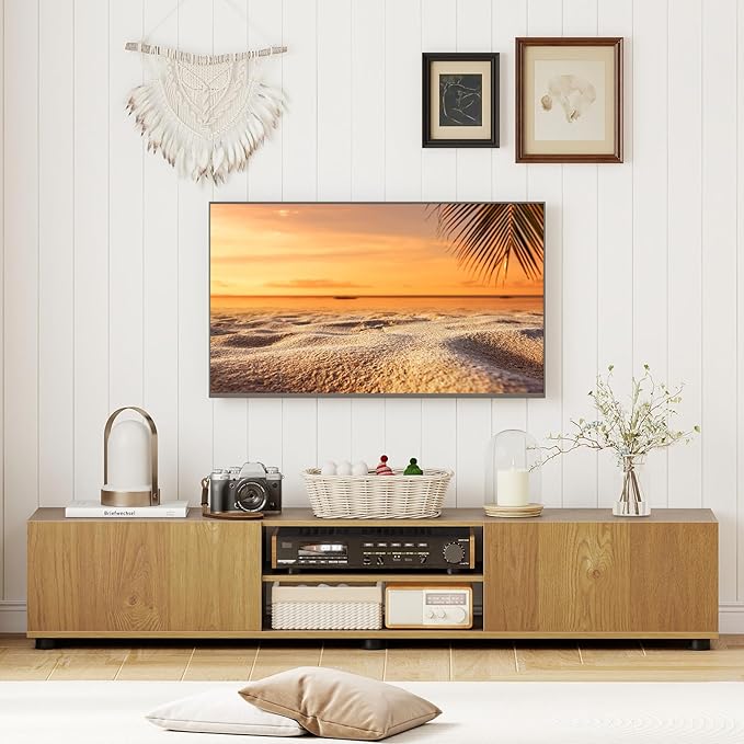 Tangkula Modern TV Stand for up to 70” TVs 63”L Minimalist Entertainment Center w/ 2 Doors &amp Open Shelves Media Console Table Storage Cabinet with 6 Support Feet for Living Room (Natural 63”L)