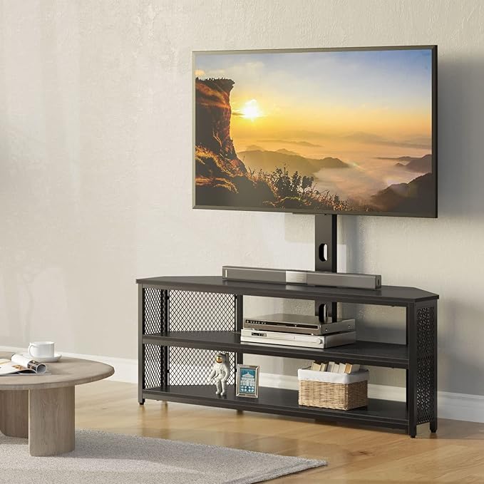 Rolanstar TV Stand with Mount and Power Outlet Swivel TV Stand with LED Lights for 32/45/55/60/65/70 inch TVs Black Entertainment Center Media Console with Height Adjustable Mount