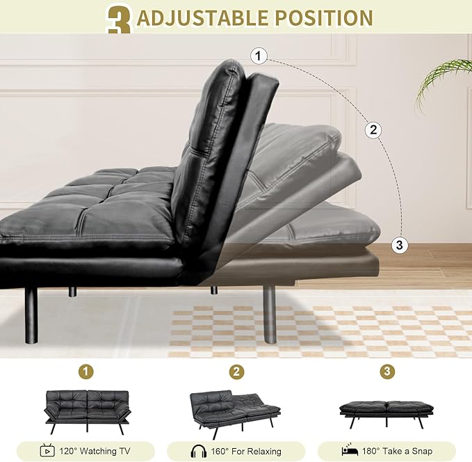 MUUEGM Convertible Futon Sofa Bed Memory Foam Futons Couch Bed 71 Adjustable Backrests and Armrests Sleeper Sofa Modern Love Seat Couch Bed for Living Room Small Space Office Matte Black