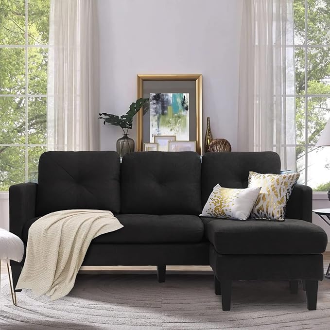 Grepatio Convertible Sectional Sofa Couch 3 Seat L-Shaped Sofa Couch with Modern Linen Fabric for Small Space Living Room (Black)