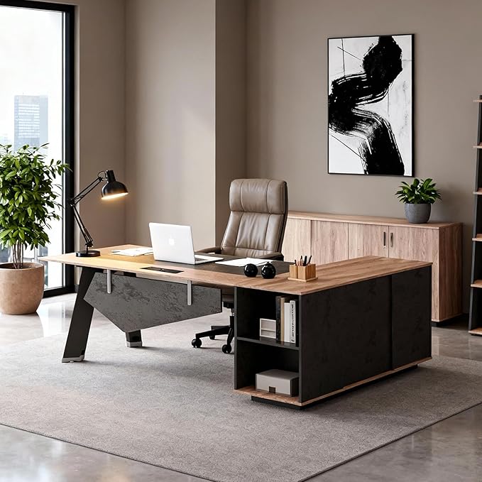 63 L Shaped Executive Desk Reversible Office Desk with Power Outlets Modern Computer Desk with lateral File Cabinet &amp Open Shelves  Wooden Business Furniture Desk for Office WorkHome Study