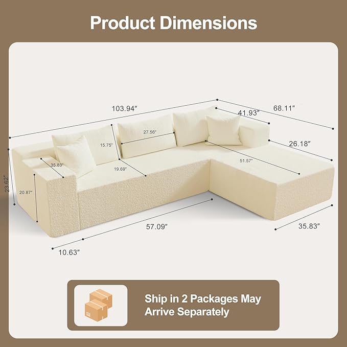 104 Sectional Couches for Living Room Modular Sectional Sofa with Deep Seat Cloud Couch for Living Room Bedroom L-Shape Couch with Chaise No Assembly Required (Plush Right Facing Chaise)
