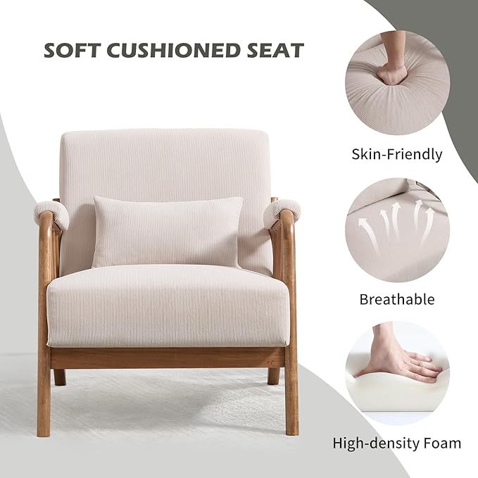 INZOY Mid Century Modern Accent Chair with Wood Frame Upholstered Reading Armchair with Soft Corduroy Fabric Accent Chair for Living Room Bedroom Apartment Easy Assembly Beige