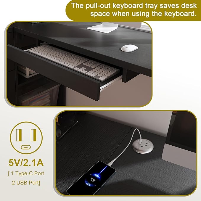 L Shaped Corner Desk with Keyboard Tray &amp Power Outlet Home Office Desk with LED Lighting &amp Storage Cabinet Computer Desks with Drawers/Glass Cabinets for Study Room Corporate (Black)