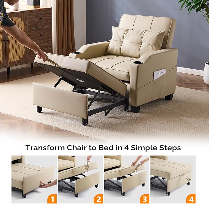 VINGLI Sofa Bed Chair Recliner 3-in-1 Convertible Sleeper Sofa Chair Bed Beige Daybed Pull Out Couch Bed with Adjustable Backrest USB Ports Cup Holders for Small Spaces Living Room