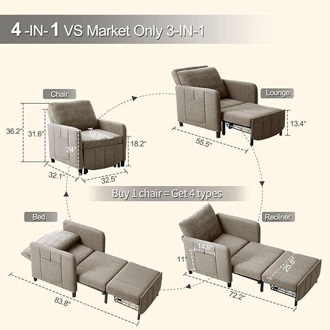 Sleeper Chair 84 Extra Long Convertible Chair Bed Upgraded 3-in-1 to 4-in-1 Pull Out Chair &amp Single Sofa Bed for Adult Sleeping Chair for Living Room Small Space (Light Grey)