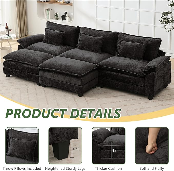 120 U Shaped Couch Modular Sectional Sofa Cloud Couch with Movable Ottoman Modern Chenille Deep Seat Sleeper Sofa with Throw Pillows for Living Room and Apartment (Black 5-Seat)