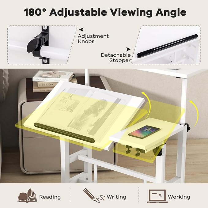 Tangkula Mobile Stand Up Desk Height Adjustable Home Office Desk with Standing &amp Seating 2 Modes Tilting Tabletop &amp Flexible Wheels Rolling Laptop Cart Sit Stand Desk (White)