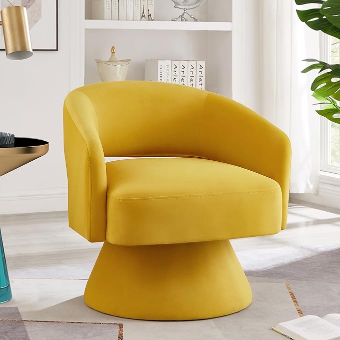 Modern Swivel Barrel Chair Upholstered Velvet Round Accent Chairs360 Degree Comfy Swivel Chair with Open Backrest Single Chair Armchair for Living Room Bedroom Homerest Yellow