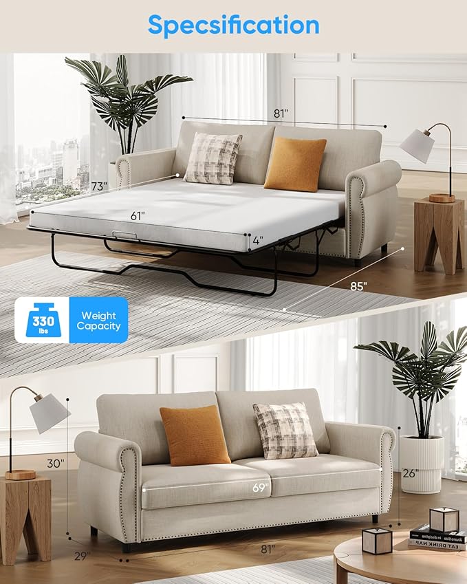 2 in 1 Sofa Bed Queen Size Linen Fabric Pull Out Couch with Folding Foam Mattress Convertible Loveseat Sleeper Sofa with Nailhead Trim for Living Room Bedroom Apartment-Beige