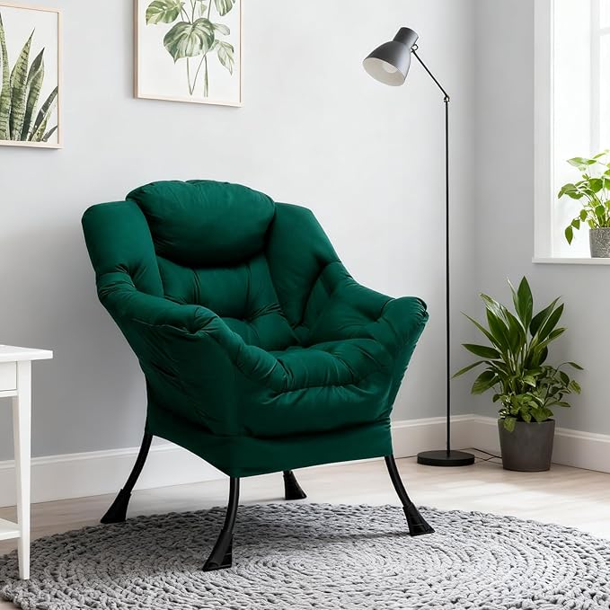 HollyHOME Modern Fabric Large Lazy Chair Accent Oversized Comfy Reading Chair Thick Padded Cozy Lounge Chair with Armrest Steel Frame Leisure Sofa Chair for Living Room Bedroom Dorm Green