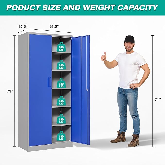 Metal Cabinet with 5 Adjustable Shelves6 Tier Garage Storage Cabinet with LockGray Blue Metal Storage Cabinet with Locking DoorsSteel Cabinets71 Lockable Storage Cabinets for HomeOfficeGarage