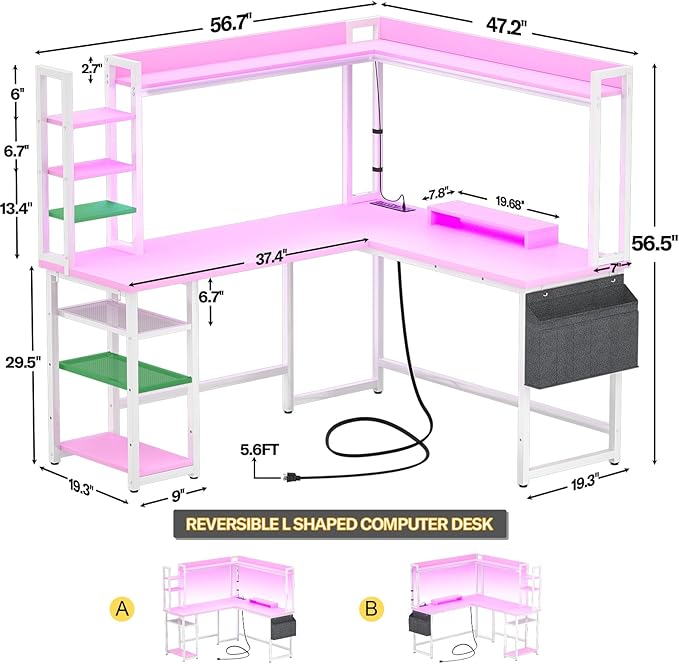Aheaplus L Shaped Desk with Power Outlet L Shaped Gaming Desk with Led Light &amp Hutch Reversible Home Office Desk Corner Computer Desk with Monitor Stand &amp Storage Shelves Pink