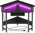 DUMOS Conner Desk Home Office Computer Desk for Small Space with LED Lights Gaming Table with Storage Shelves Power Outlets Monitor Stand Keyboard Tray for Bedroom Black
