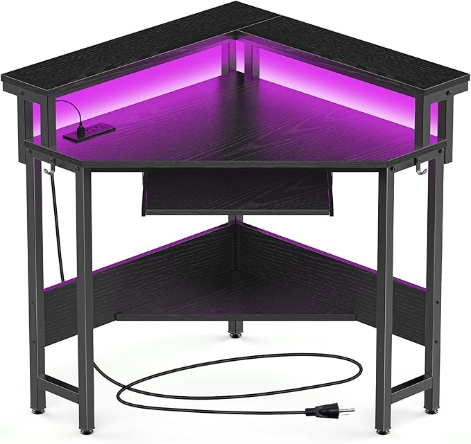 DUMOS Conner Desk Home Office Computer Desk for Small Space with LED Lights Gaming Table with Storage Shelves Power Outlets Monitor Stand Keyboard Tray for Bedroom Black