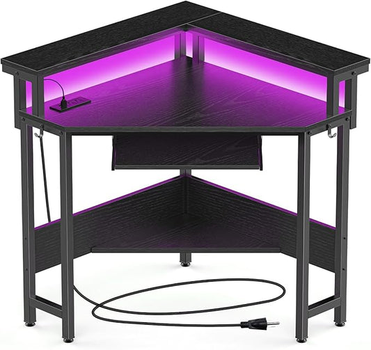 DUMOS Conner Desk Home Office Computer Desk for Small Space with LED Lights Gaming Table with Storage Shelves Power Outlets Monitor Stand Keyboard Tray for Bedroom Black