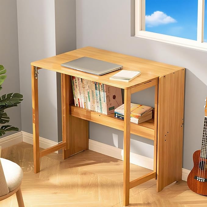 41'' Bamboo Folding Desk with Bookshelf – Space-Saving Computer Desk for Small Spaces Foldable Study Table Mid Century Modern for Home Office &amp Bedroom - Primary Color