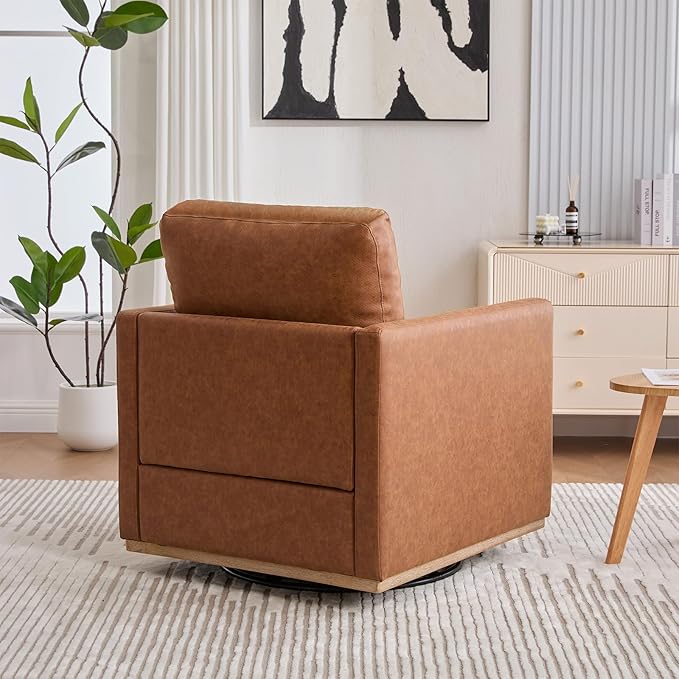 360° Swivel Accent Chair Square Modern Comfy Chair with Metal Base &amp Thicked Cushion Upholstered Lounge Reading Armchair Cozy Cloud Sofa Chairs for Living Room Bedroom Office Club(PU Brown)