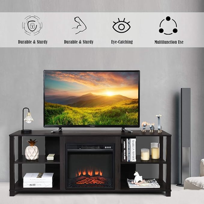 Tangkula 2-Tier TV Stand Entertainment Television Stands Modern Entertainment Centers with Adjustable Shelves Suitable for 18 Electric Fireplace (Not Included)