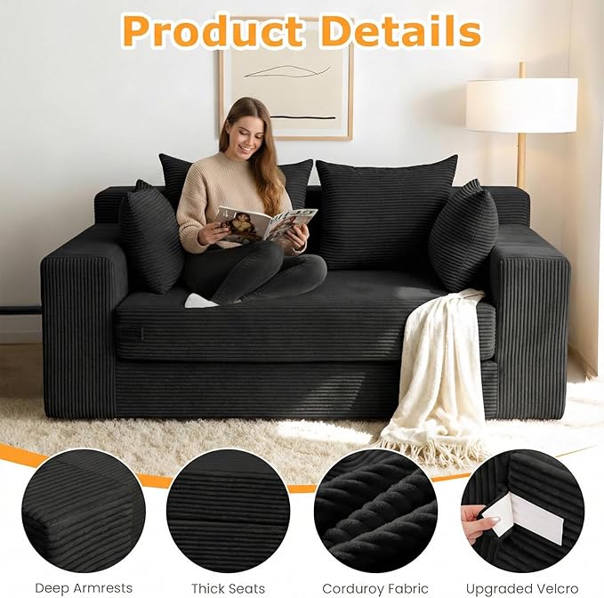55 Small Boneless Couch 3-in-1 Boneless Loveseat Sleeper Sofa Bed Convertible Sofa Bed with 4 Pillows Black Corduroy Boneless Couch for Living Room Guest Room Small Space No Assembly Required