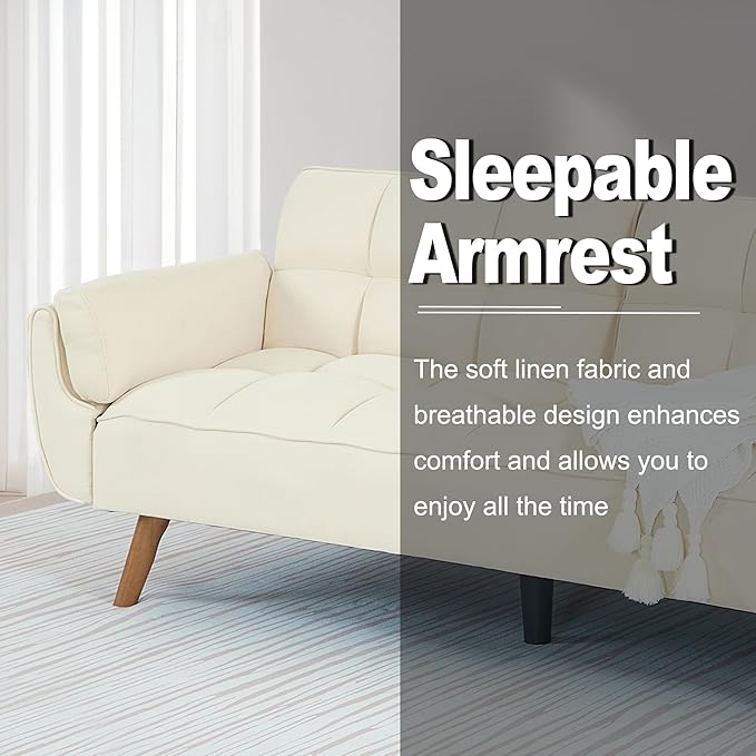 Convertible Futon Sofa Bed Sleeper Couch Bed with Adjustable Backrests Linen 3 Seater Small Couches for Small Spaces Living Room Bedroom(Beige 75)